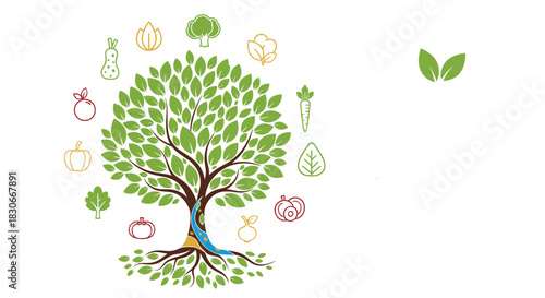 A stylized green tree with a rich canopy of leaves, encircled by diverse line-art fruits and vegetables, symbolizing healthy living and natural food.