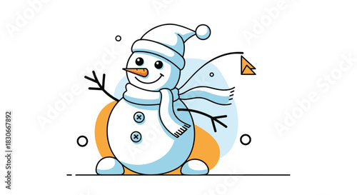 A cute cartoon snowman with a carrot nose, wearing a cozy scarf and winter hat, stands cheerfully against a minimalist white background.