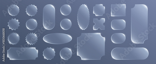 A vector glassmorphism set with transparent UI frames, shapes, and backgrounds with soft glow effects, designs for interfaces and modern designs.