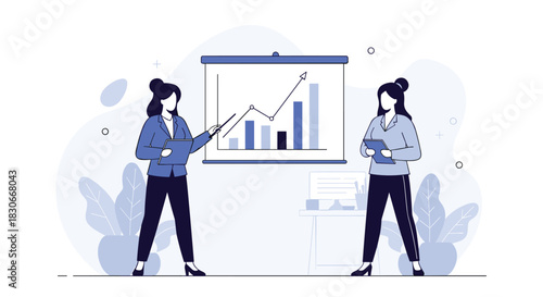 Two professional businesswomen collaborate on a presentation, analyzing growth charts and financial data in a modern office environment.