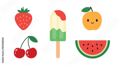 A cute summer food set including a strawberry cherry popsicle watermelon slice and a happy apple on white background.