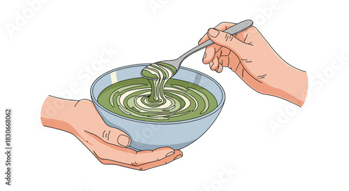Hands holding and stirring a bowl of creamy green soup or matcha latte in a detailed anime or manga art style design.