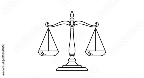 A simple line drawing illustration of a traditional balance scale, perfectly balanced to represent justice, equality, and equilibrium.