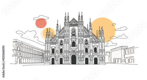 A simple line art sketch of the Milan Cathedral Duomo di Milano with abstract colorful circles in the background.