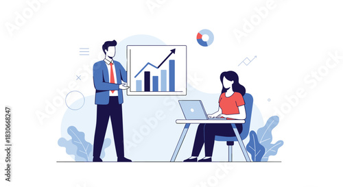 Business professionals collaborate on financial growth, with a man presenting a bar and line graph and a woman working on her laptop.