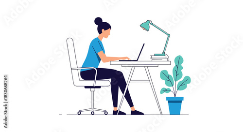 A focused young woman diligently works on her laptop at a clean home office desk, surrounded by essential tools for productivity and a touch of nature.