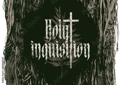 Banner on the theme of the Holy Inquisition of the Catholic Christian Church in the Middle Ages with a cross, tree and inscription in Gothic font. T-shirt design, music album cover, poster. No AI used