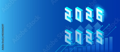 2025 to 2026 year transition concept - abstract blue business background with rising arrows charts for end of year corporate reports presentations - vector illustration