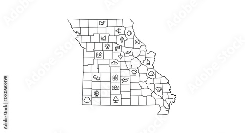 A stylized black and white outline map of Missouri, showcasing its counties filled with diverse icons representing local characteristics.
