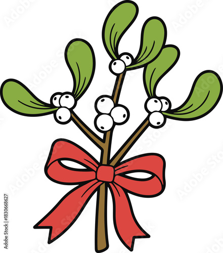 A festive cartoon illustration of a mistletoe sprig featuring green leaves and clusters of white berries, tied together with a red ribbon bow.
