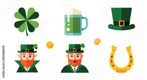 A collection of flat design icons for St. Patrick's Day, featuring leprechauns, shamrocks, green beer, and lucky symbols.