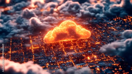 Glowing cloud hovers above digital city