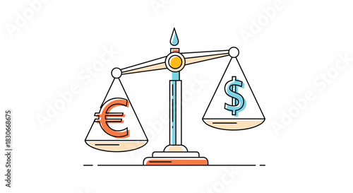 A balanced scale with Euro and Dollar symbols depicting currency exchange rates and economic parity.
