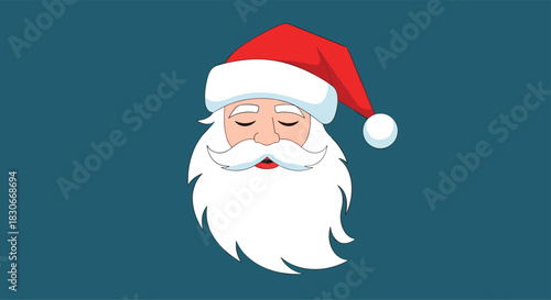 Close-up of Santa Claus's face with a red hat, white beard, and closed eyes on a teal background, illustrating the peaceful spirit of Christmas.