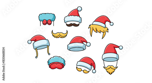 Collection of fun Christmas and winter holiday hats, mustaches, and beards for festive dressing up and photo booth props.