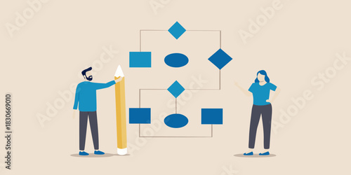 Teamwork on flowchart with pencil business process analysis and planning