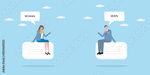 Man and woman sitting on message boxes in a blue sky