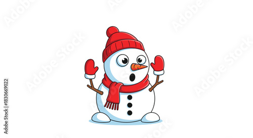 A surprised cartoon snowman wearing a red hat, scarf, and mittens stands with wide eyes and an open mouth.