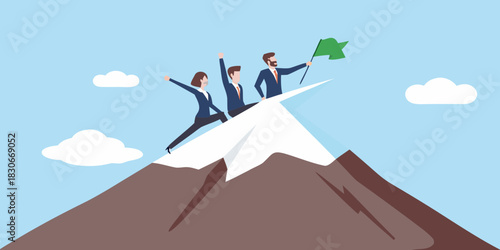Business team reaching the top of mountain with flag illustration