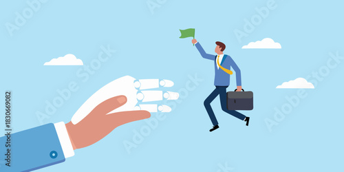 Businessman reaching goal with robotic hand assistance in blue sky