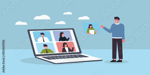 Virtual meeting illustration with presenter and laptop displaying participants