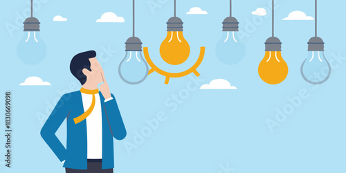 Businessman thinking with light bulbs and clouds in the sky