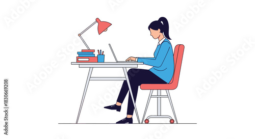 A focused young woman works diligently on her laptop at a neatly organized desk in a clean, modern office setting.