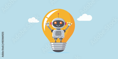Robot inside a lightbulb with clouds on a blue background