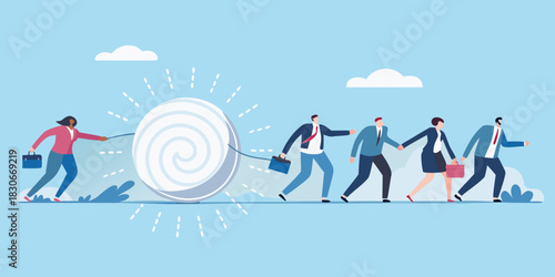 Business team following leader pulling large obstacle overcoming challenges together