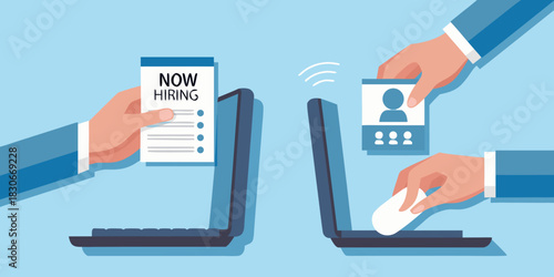 Online recruitment and hiring process with laptop and hands holding resume and now hiring sign