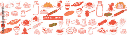 Hand drawn flat design border of assorted fast food and dessert icons with orange outline, milk bottles, skewers, pizza slices, drinks and sweets on white background