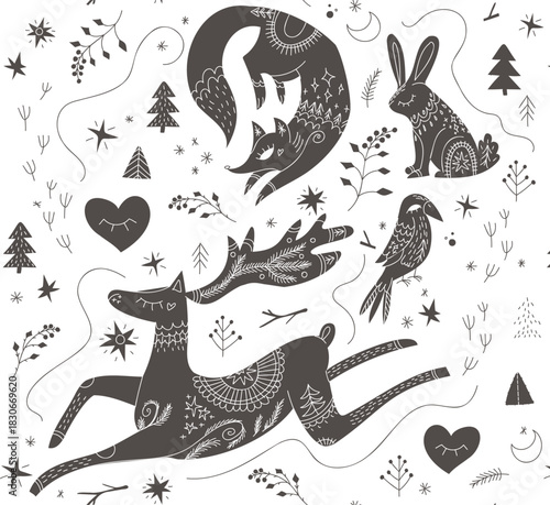 Scandinavian winter night Animals colourful pattern