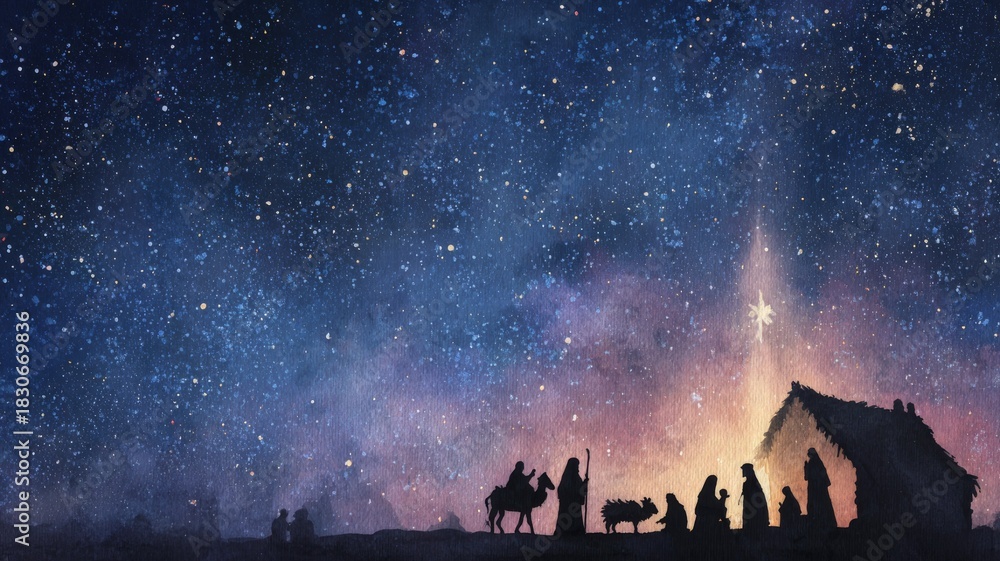 Fototapeta premium Traditional Nativity Scene with Baby Jesus, Mary, Joseph, and Wise Men Surrounded by Festive Christmas Decorations, Warm Candlelight, and Seasonal Holiday Elements for Greeting Cards and Winter Celebr