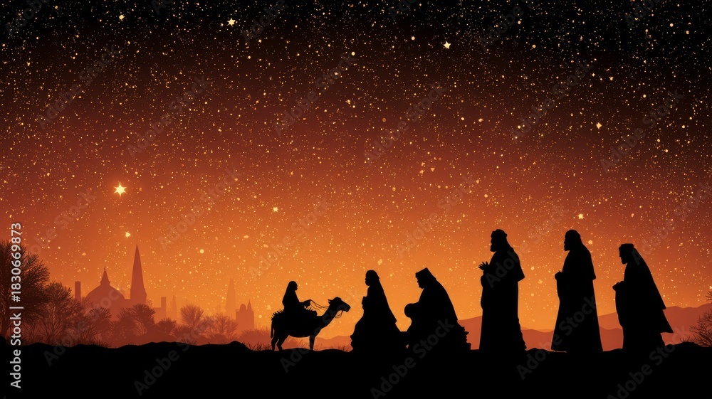 Fototapeta premium Traditional Nativity Scene with Baby Jesus, Mary, Joseph, and Wise Men Surrounded by Festive Christmas Decorations, Warm Candlelight, and Seasonal Holiday Elements for Greeting Cards and Winter Celebr