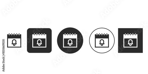 Calendar notification reminder icon set in black and white vector| Scheduling event alert UI pictogram glyphs for applications| Black monochrome calendar and bell icon bundle for web design resources