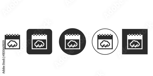 Black and white calendar icon with weather forecast symbol | UI element vector showing bad weather scheduled date | Five variations of calendar day with rain cloud glyph | Modern monochrome UI icon 