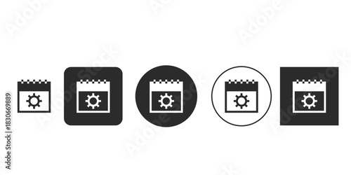 Calendar settings and scheduling maintenance icon set | Black and white gear on calendar symbol vector illustration | Date and time management configuration pictogram for apps | Flat design UI vector 