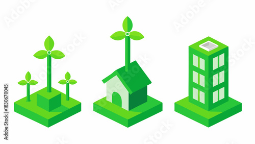 Isometric Vector Icons for Green Energy, Sustainable Buildings, and Eco-Friendly Development