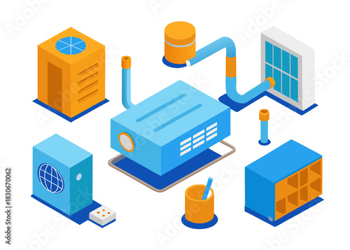 Isometric representation of various industrial and home equipment