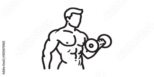 Muscular man with dumbbell thin line icon, body building concept. Vector graphics. Athlete with body muscles, training sign on white background, style icon mobile or web design.