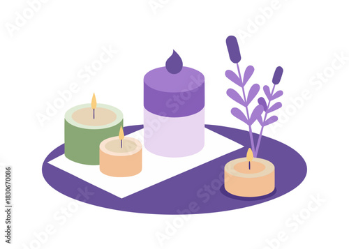 Aromatherapy candles with lavender sprigs on a tray