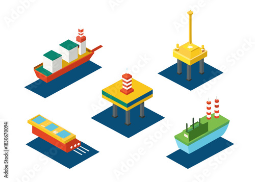 Isometric collection of maritime transport ships and offshore oil rig platforms isolated on a white background