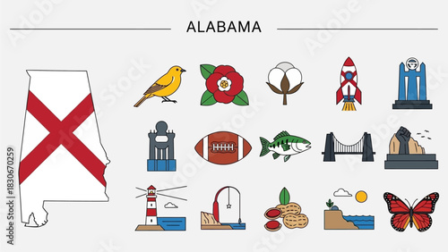 Alabama State Icons and Symbols - A Collection of Illustrations Featuring Landmarks, Flora, Fauna, and Transportation