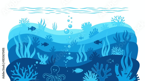 Underwater Marine Life Scene with Corals, Fishes, and Plants