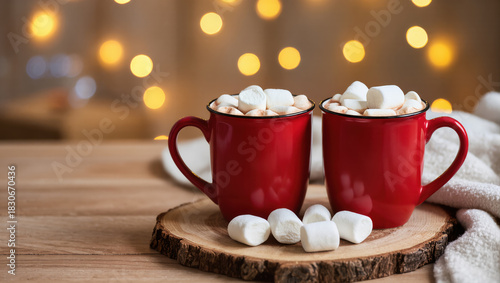 Christmas hot chocolate with marshmallows in red mugs on wooden surface, with cozy blanket and glowing bokeh lights. Winter holiday drink scene.