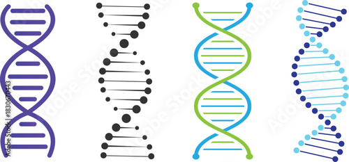 Genetic Code Icons Four DNA Double Helix Vector Illustrations in Solid, Dot Matrix and Color Coded Styles for Scientific Graphics