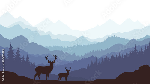 Vector landscape illustration of a deer family silhouette in a pine forest with misty blue mountain layers