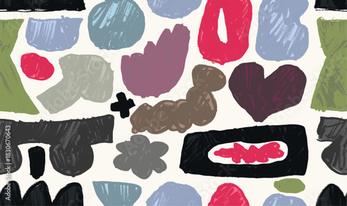 Seamless pattern hand drawn crayon shapes and forms in rough grunge style. Childish vector doodle crayon elements with retro geometric figures, textured sketch lines, and bold crayon stroke design.