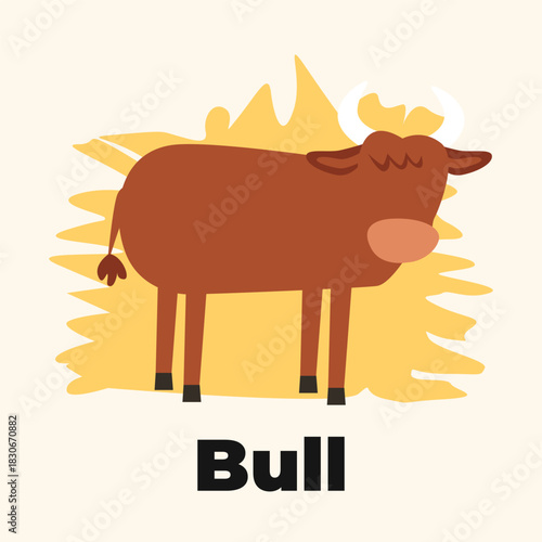 Cute Bull Flashcard for Kids in Flat Animal Learning Style for Preschool Education