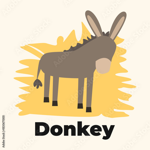 Cute Donkey Flashcard for Kids in Simple Flat Educational Style for Children Learning Animals